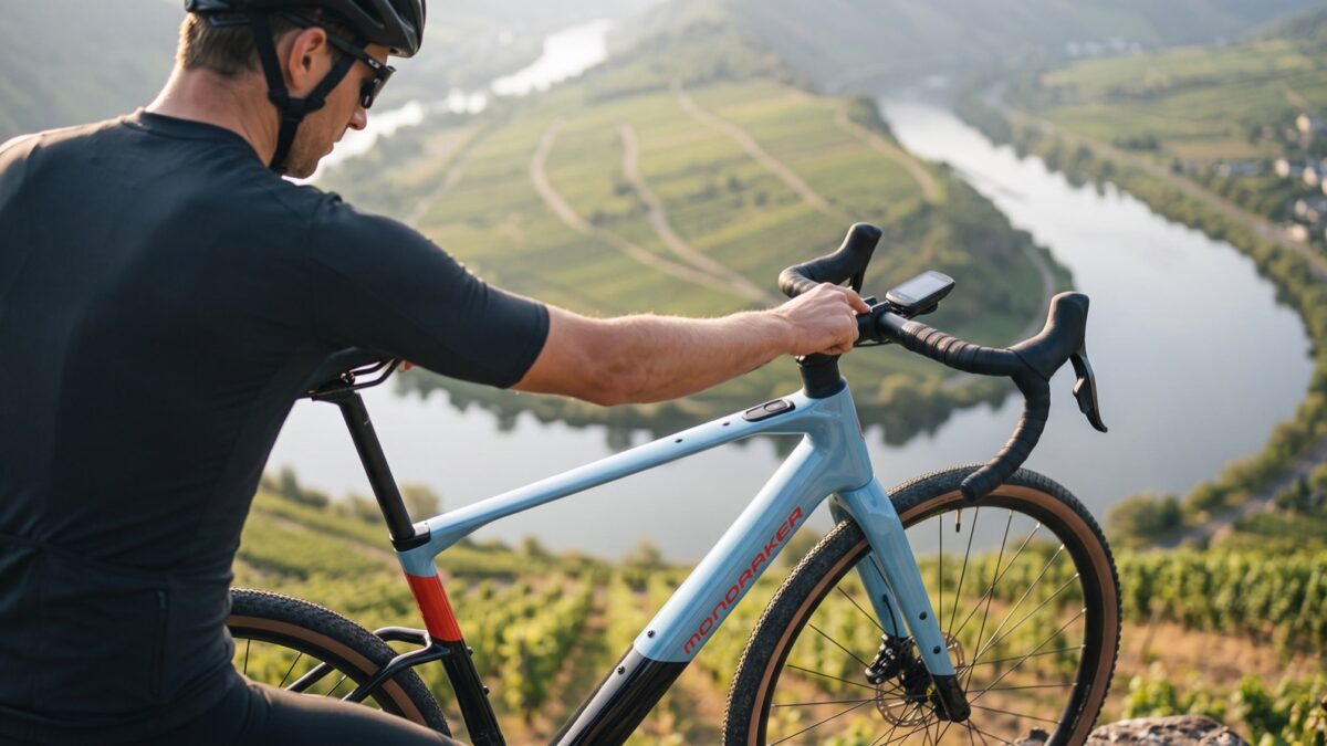 Fahrer am Lenker des Mondraker Dusty RR mit Radcomputer über der Mosel