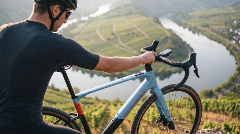 Fahrer am Lenker des Mondraker Dusty RR mit Radcomputer über der Mosel