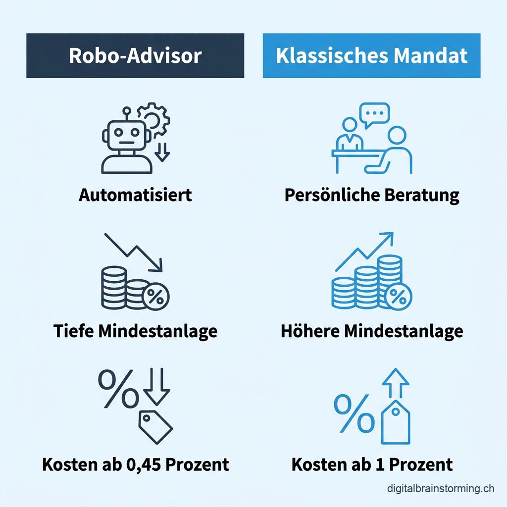 Vergleichsgrafik Robo-Advisor und klassisches Vermögensverwaltungsmandat: Automatisierung, Mindestanlage und Kosten im Überblick