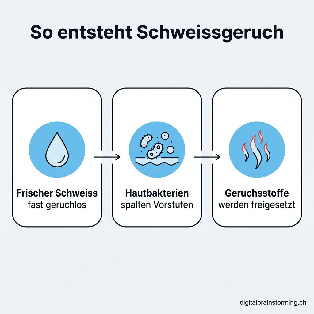 Infografik: So entsteht Schweissgeruch – frischer Schweiss, Hautbakterien, freigesetzte Geruchsstoffe