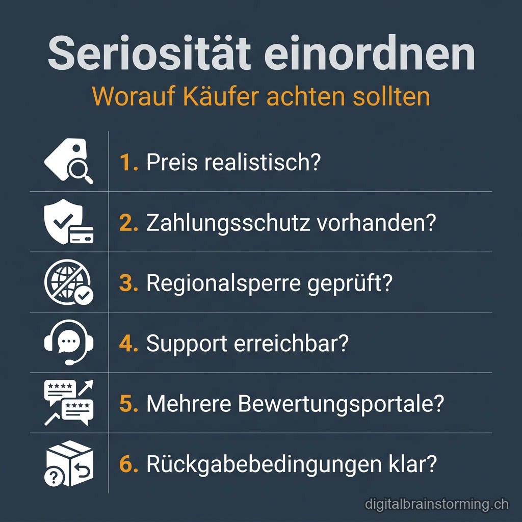Infografik: Sechs Kriterien zur Einordnung der Seriosität von Instant Gaming und anderen Key-Sellern