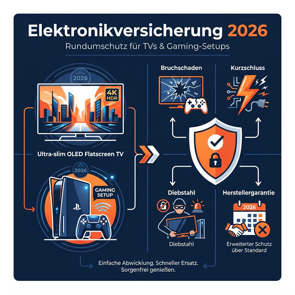 Infografik: Elektronikversicherung 2026 fuer TV-Geraete und Gaming-Setups, Schutz gegen Bruchschaden, Kurzschluss und Diebstahl