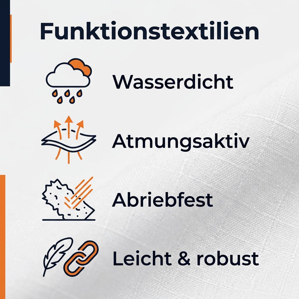 Funktionstextilien: Materialtechnik für Outdoor-Kleidung 2 Infografik zu den vier zentralen Eigenschaften von Funktionstextilien: wasserdicht, atmungsaktiv, abriebfest und leicht