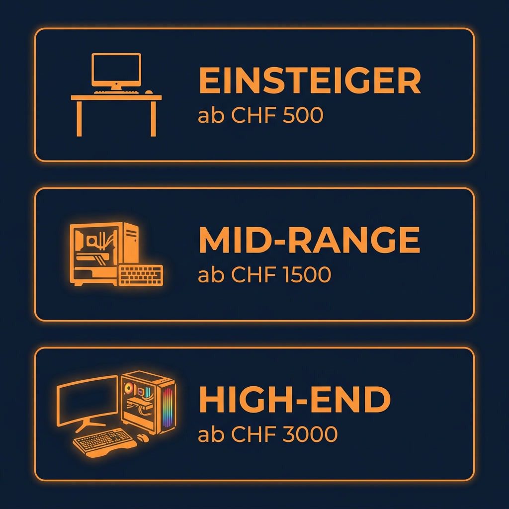 Budget-Stufen fuer ein Gaming-Setup: Einsteiger ab CHF 500, Mid-Range ab CHF 1500, High-End ab CHF 3000