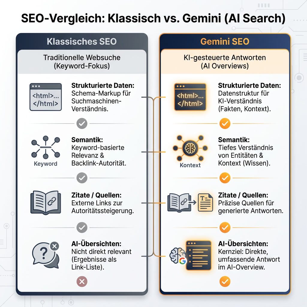 Infografik: Klassisches SEO im Vergleich zu Gemini SEO für Googles KI-Suche