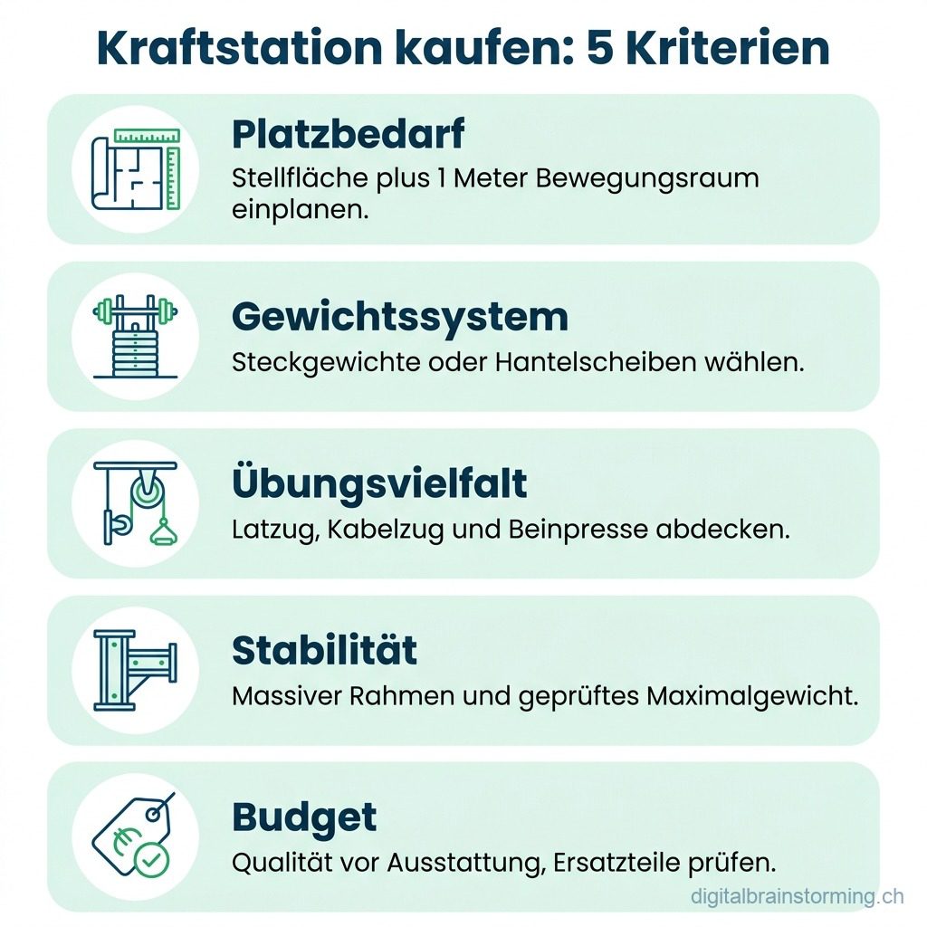 Infografik mit fünf Kaufkriterien für eine Kraftstation: Platzbedarf, Gewichtssystem, Übungsvielfalt, Stabilität und Budget