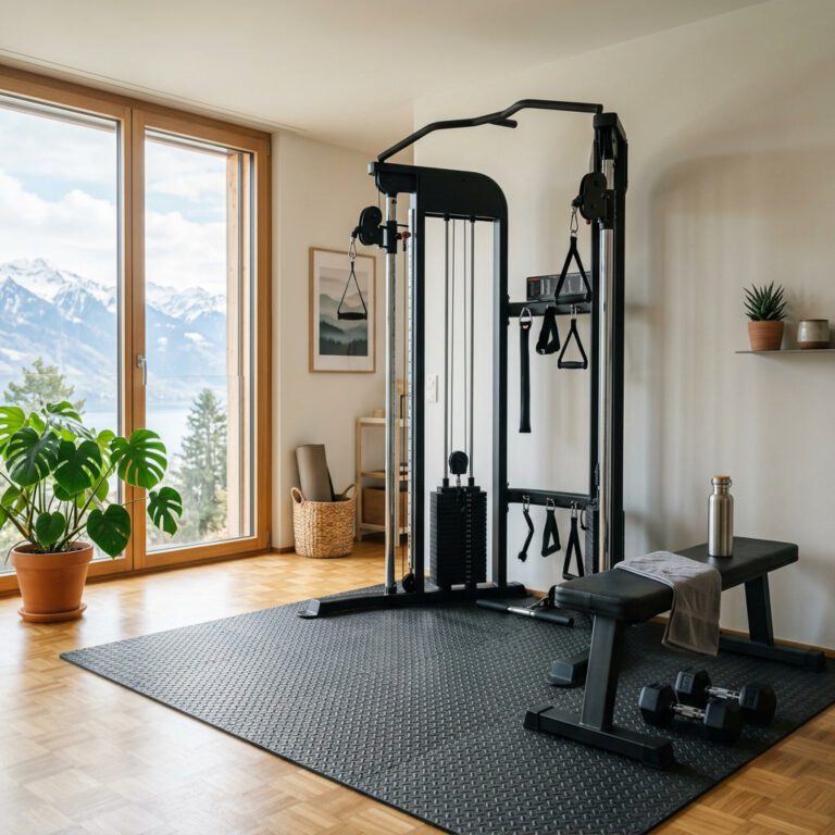 Kraftstation mit Kabelzug und Latzug in einem hellen Wohnraum mit Blick auf Berge und See