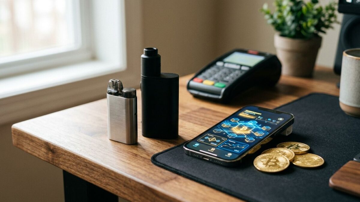 Vaping-Gerät und Smartphone mit Krypto-Wallet-App neben Bitcoin-Münzen auf einem Zahlungsterminal