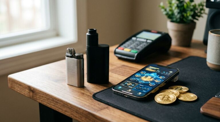 Vaping-Gerät und Smartphone mit Krypto-Wallet-App neben Bitcoin-Münzen auf einem Zahlungsterminal