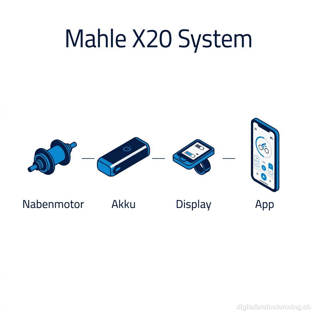 Infografik: Aufbau des MAHLE-X20-Systems von Nabenmotor bis App